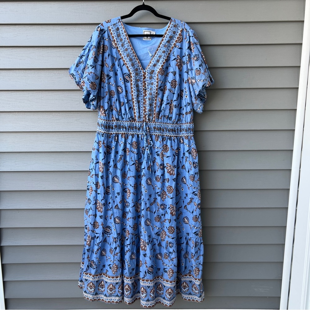 LÉA Floral Cottagecore Midi Dress 3X Blue V-Neck  Puff Sleeve Poplin Cotton